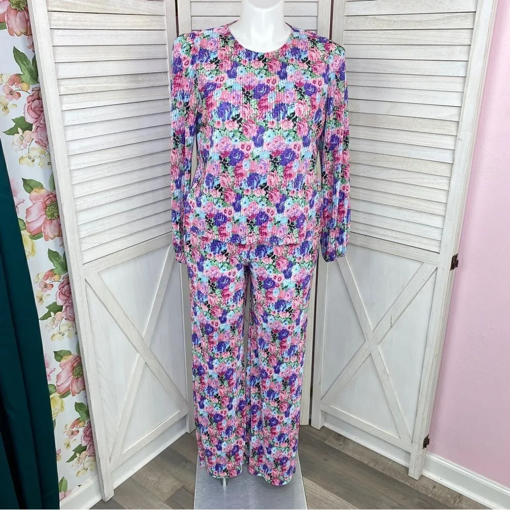 Wayf Floral Accordion Pleat Satin Pull On Straight Leg Pants Purple Pink Large - Image 13