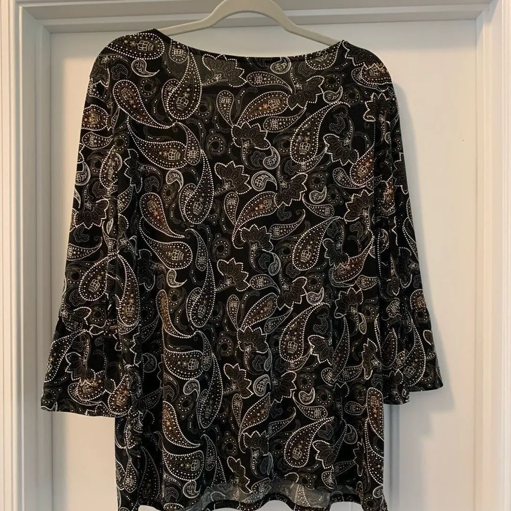 Ruby Rd. 3/4 Sleeve Bell Sleeves Top Size Large Black Brown White Paisley - Image 4