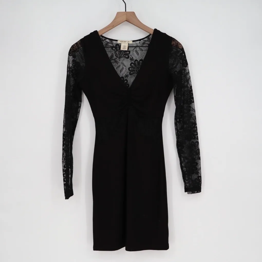 ARDEN B Black Lace Sleeve V Neck Ruched Sheath Mini Dress Size S - Image 2