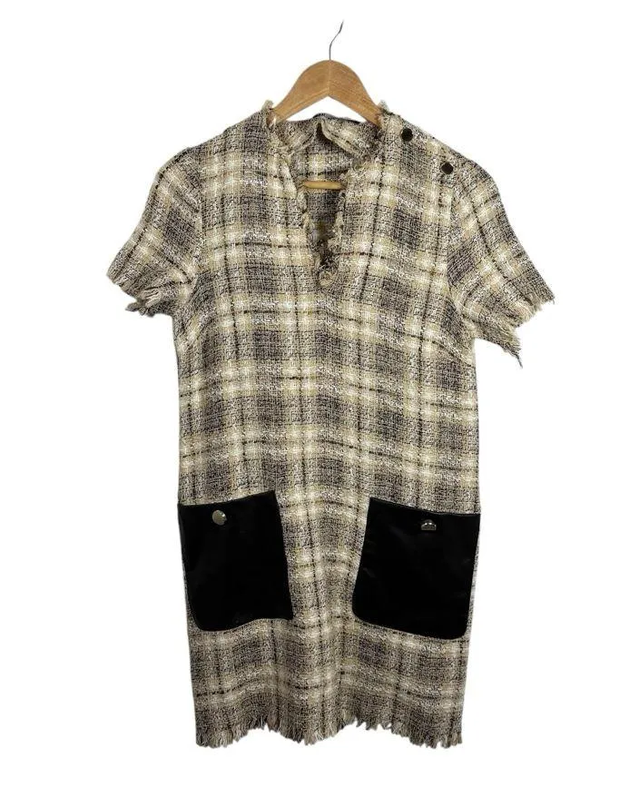 Zara Women’s Tweed Plaid Leather Pocket Shift Mini Dress Beige Size XS - Image 2