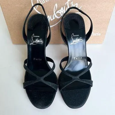 Christian Louboutin Emilie Crisscross Red Sole Halter Sandals in Black Glitter - Image 2