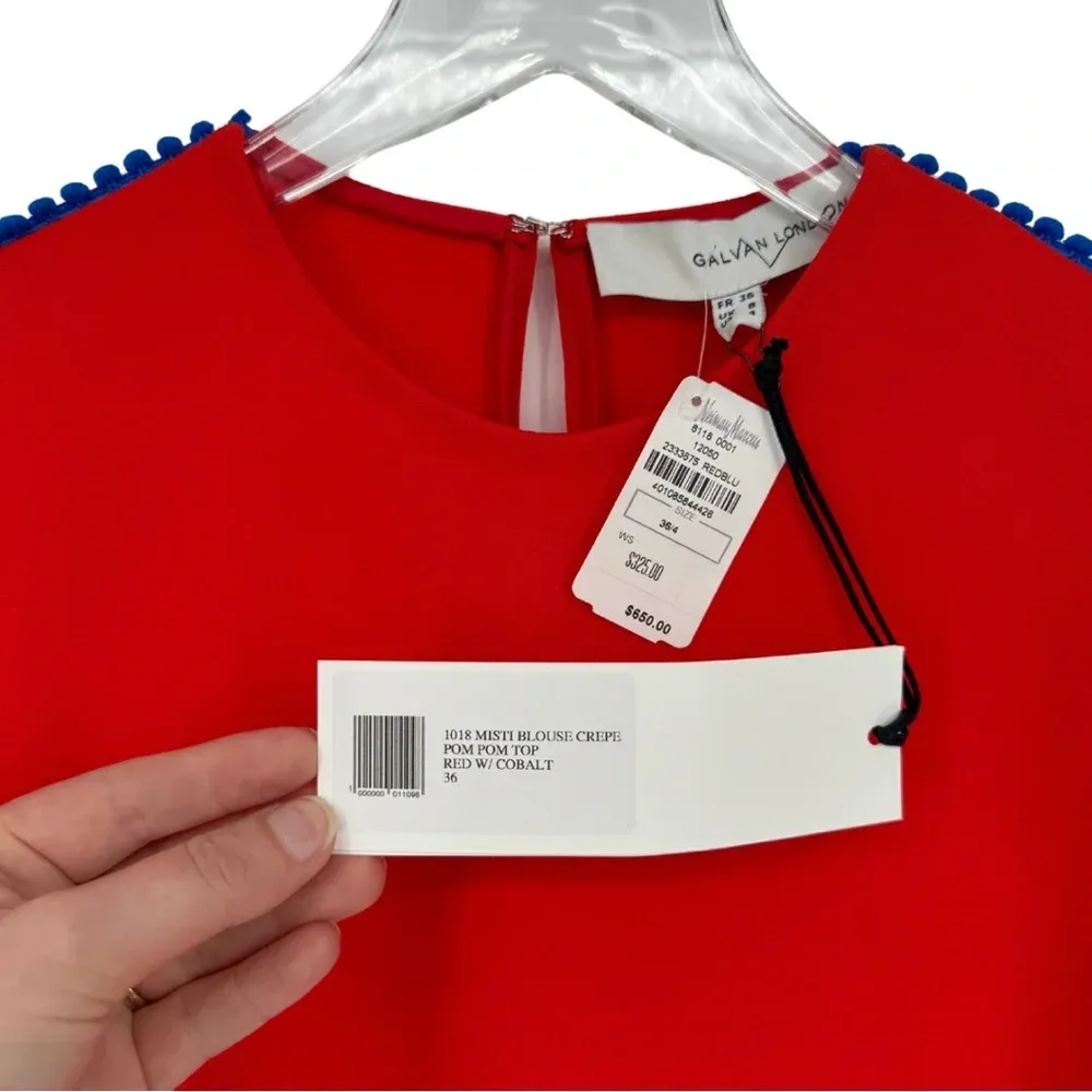Galvan‎ London NWT Misti Long Sleeve Crepe Pom Pom Blouse 4 Red Cobalt - Image 6