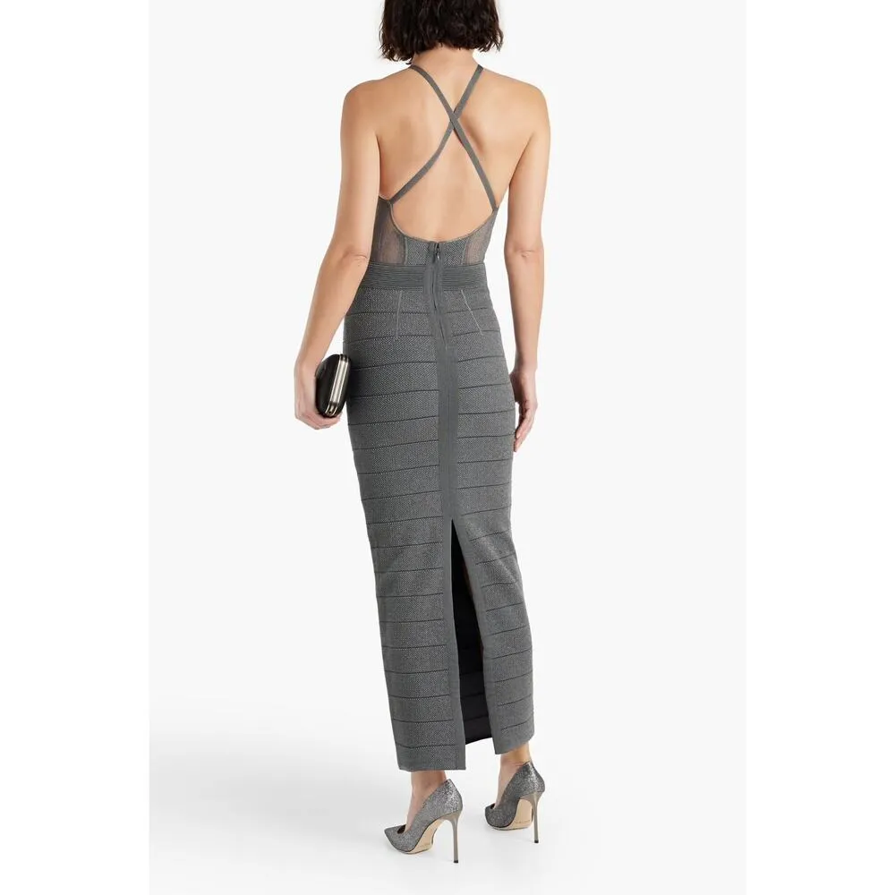 Herve Leger Textured Sheer Bustier Halter Gown Bandage Dress Silver Gray size L - Image 3