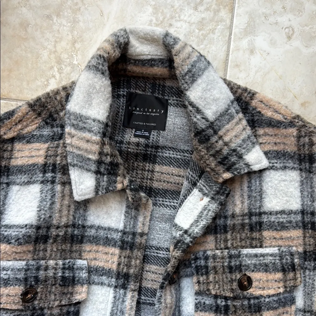 Women’s sanctuary small Plaid Jacket - Black, Gray, and Tan oversized - Image 3