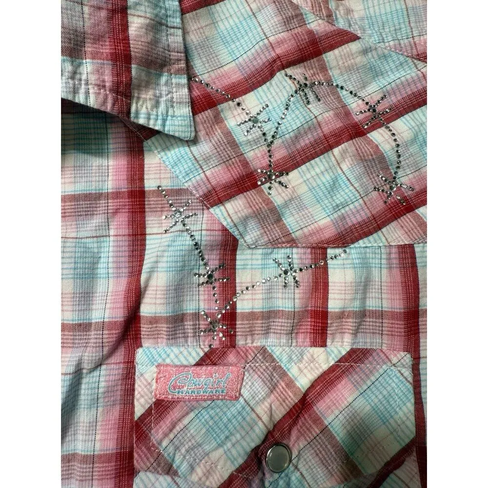 Cowgirl Hardware Pink Plaid Cotton Button Up/Collared, Bling Accents, Western XL - Image 3