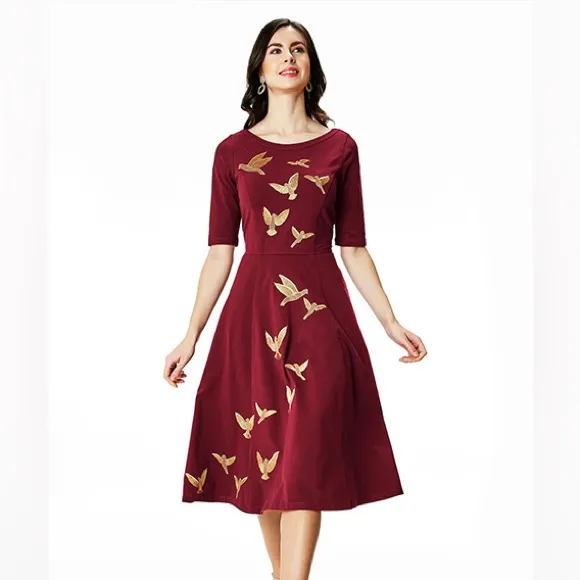 WAYWARD FANCIES STYLE # CL0080560 Bird Embroidery Cotton Jersey Dress size large Red - Image 10