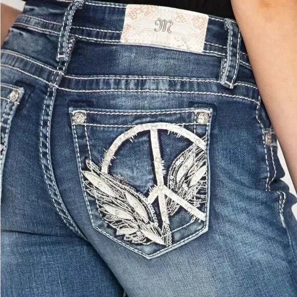 Miss Me Mid Rise Capri Straight Leg Jeans Medium Wash Peace Sign Crops Size 28 - Image 2