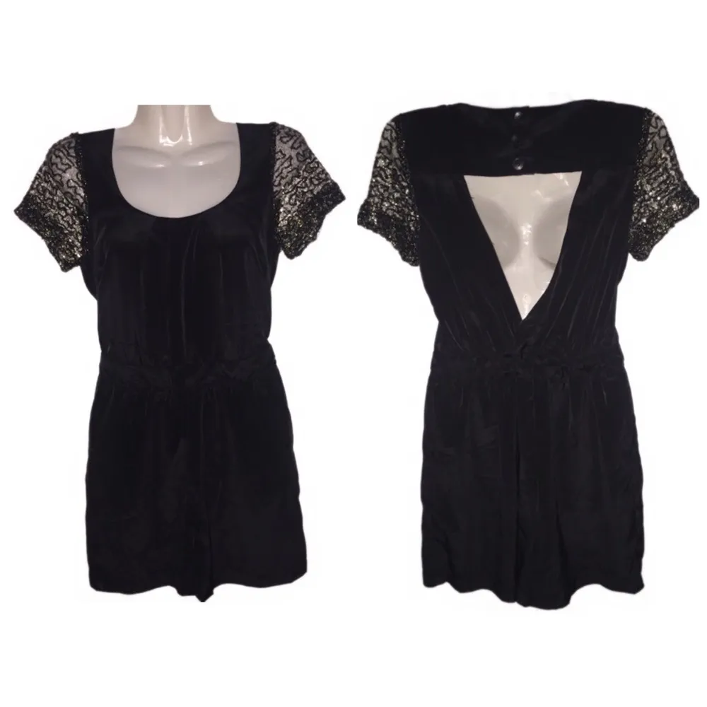 BCBG Back Cutout Sheer Sleeve Romper Black XXS - Image 2