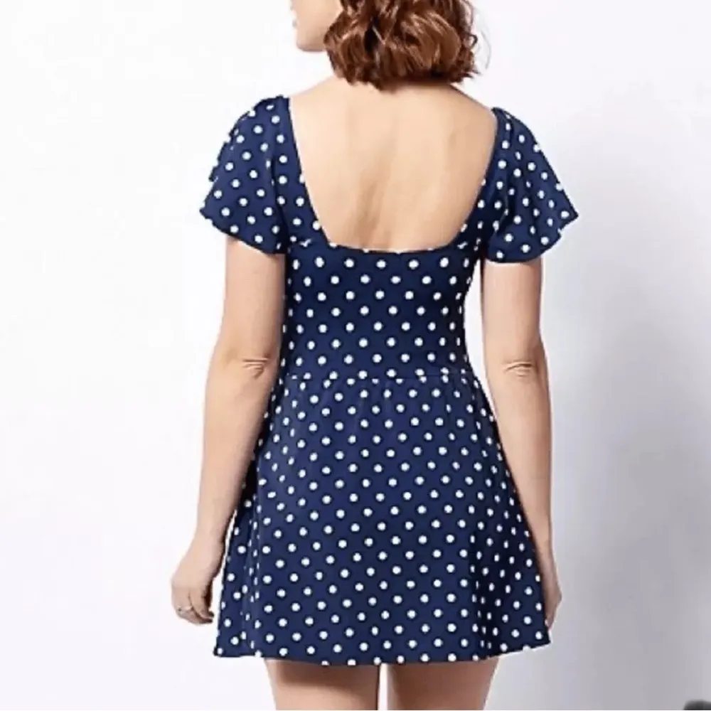 NWOT D & Co beach Surplice Flounce Sleeve Summer Swim Dress Navy Dot Size 22W Blue - Image 2