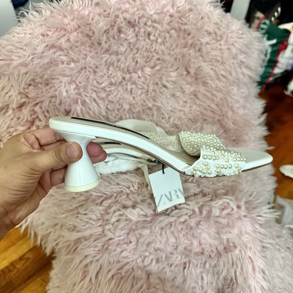 ZARA  White Pearl Beaded Heels Size 7.5 Wedding Bachelorette Feminine BloggersFav - Image 10