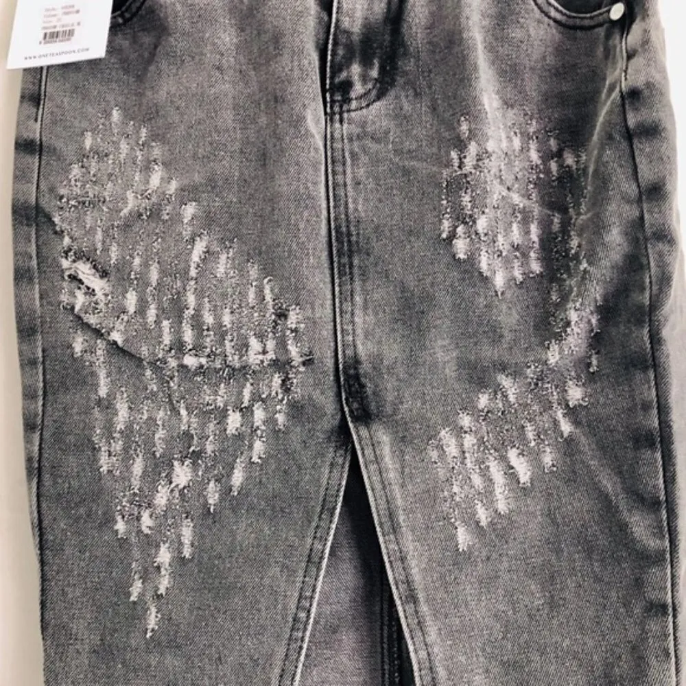 One Teaspoon Denim Skirt 23 NWT Phantome Cadillac Distressed Slit Gray Street - Image 7