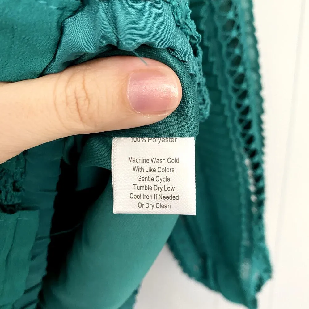 Calligraphy Forest Green Ruffle Pleated Lace Balloon Sleeves Crewneck Top M Size M - Image 3