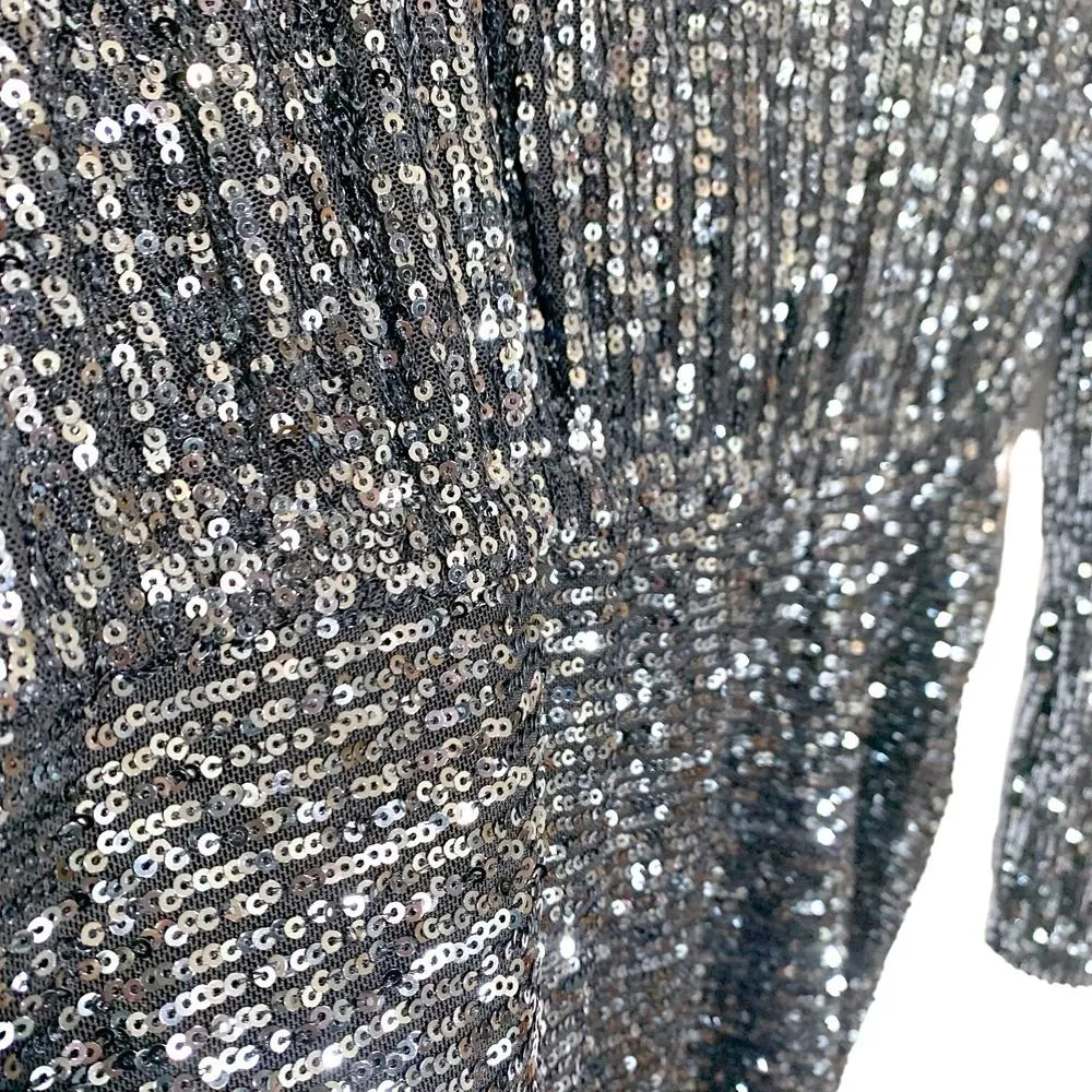 Free People NEW Giselle Sequin Long Sleeve Gathered Hem Mini Dress Black Large - Image 6