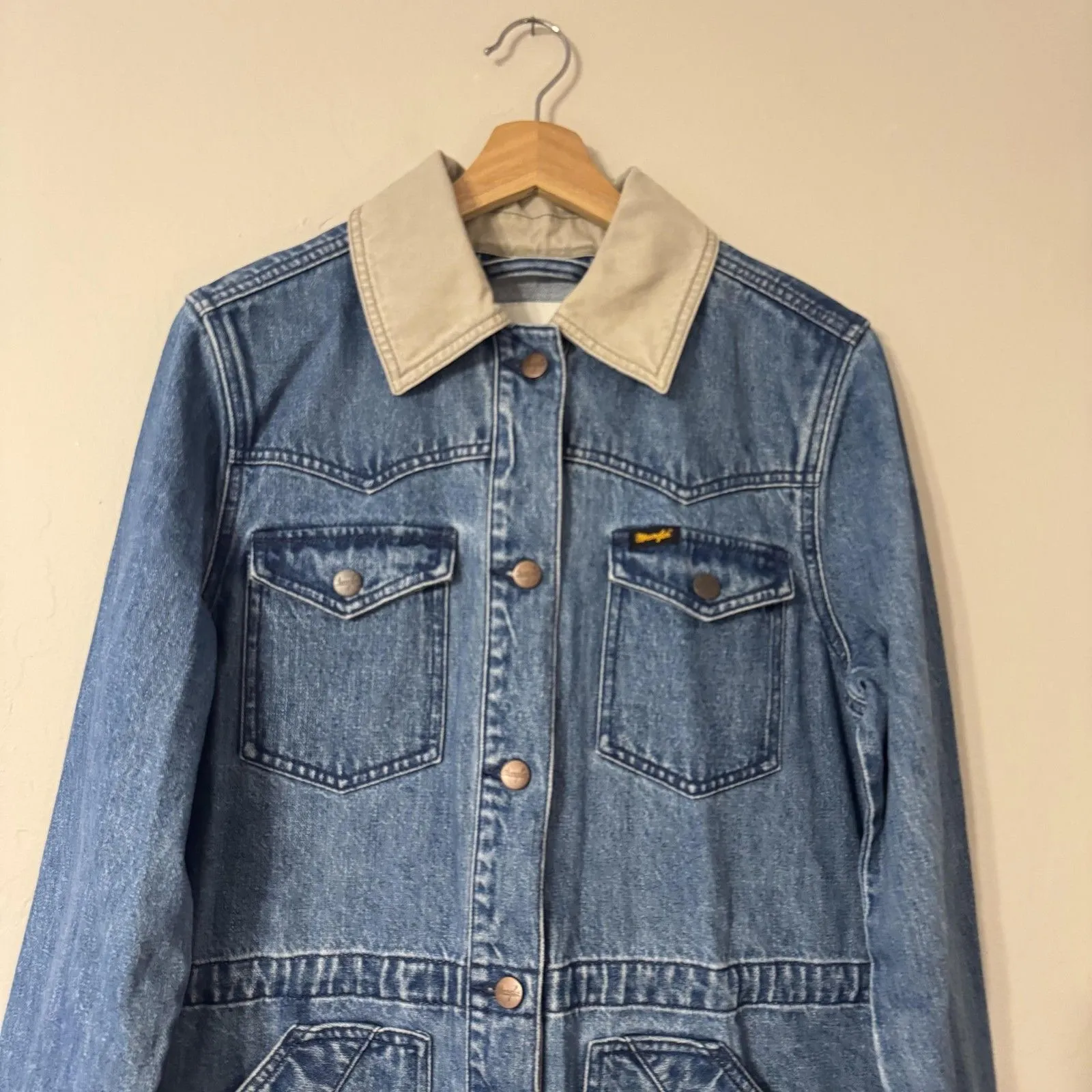 Wrangler Jacket ladies S Blue Denim Chore Overcoat Canvas Collar Snap Pockets - Image 2