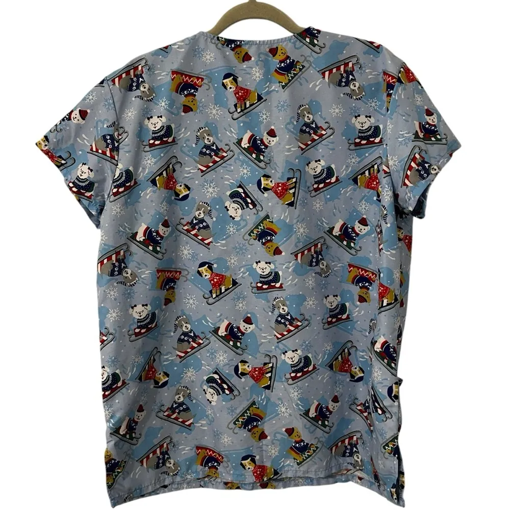Light Blue Dog Winter Snow Scrubs Medical Nurse Top Shirt Women’s Size Large Fit - Image 2