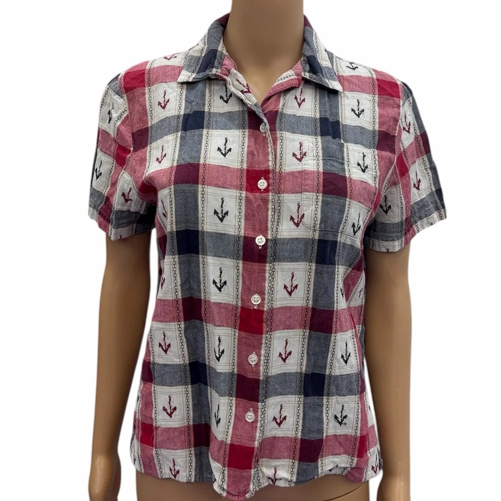 Karen Scott Sport Petite Medium Red Navy Plaid Anchor Button Up Shirt - Image 3