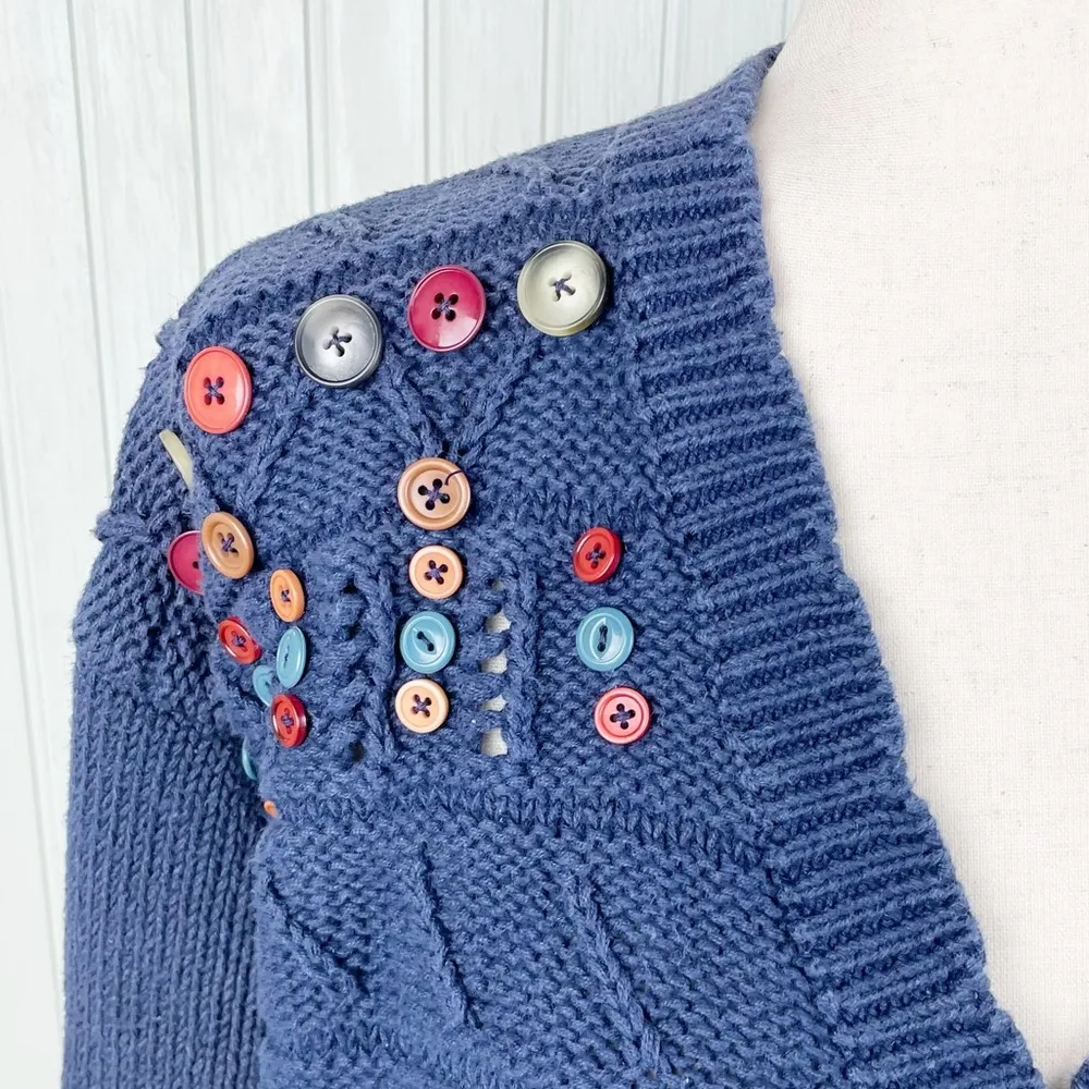 Vintage 90s Y2K Women's Navy Blue Knit Cardigan Sweater with Multicolor Buttons Size M - Image 4