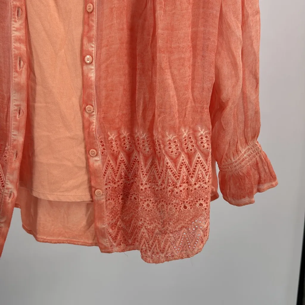 Soft Surroundings Peach button up sheer eyelet lace 2pc set top L casual office - Image 10