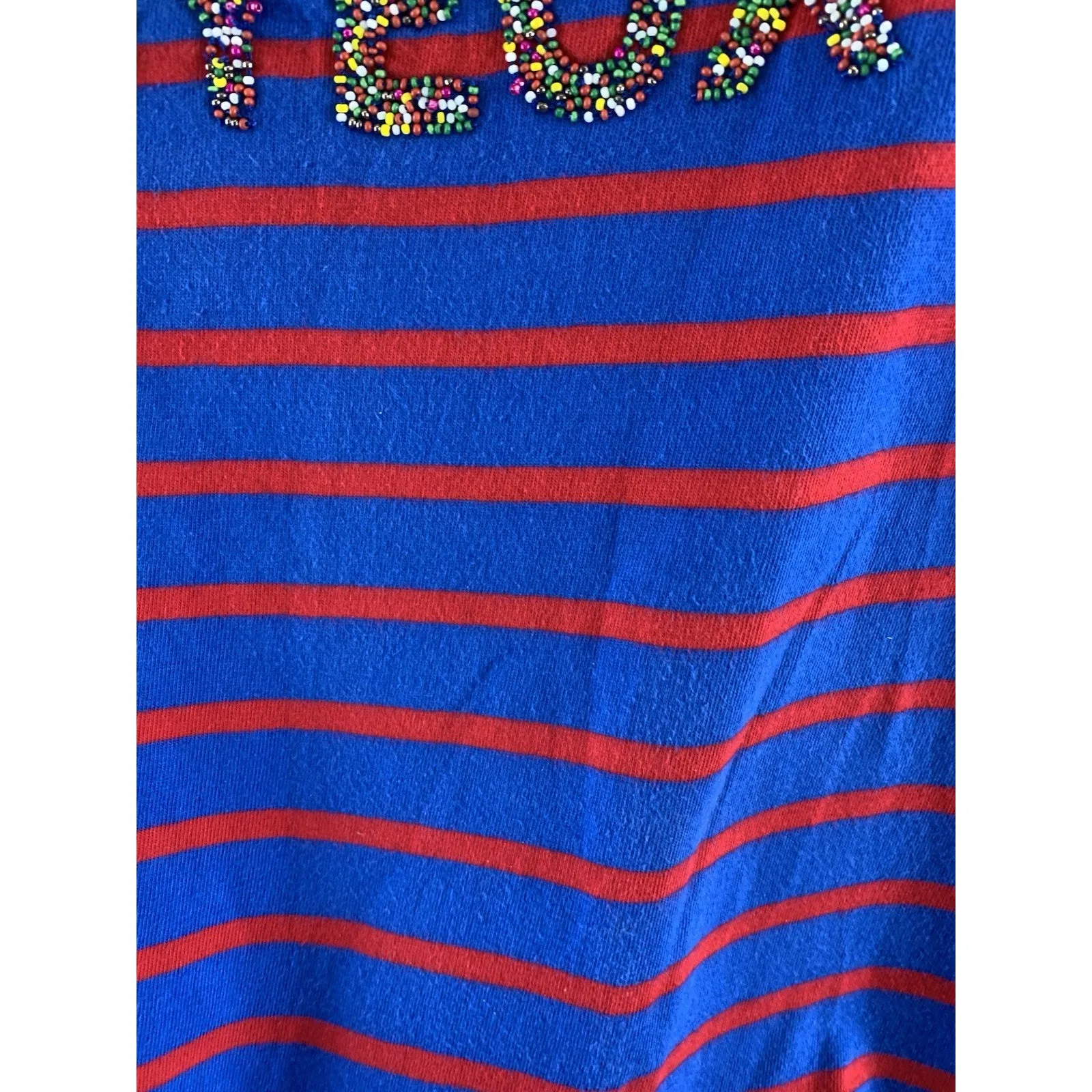 Talbots Women’s T Shirt 3/4 Sleeve Blue Red Stripes Beaded Joyeux Size 2XLP - Image 8