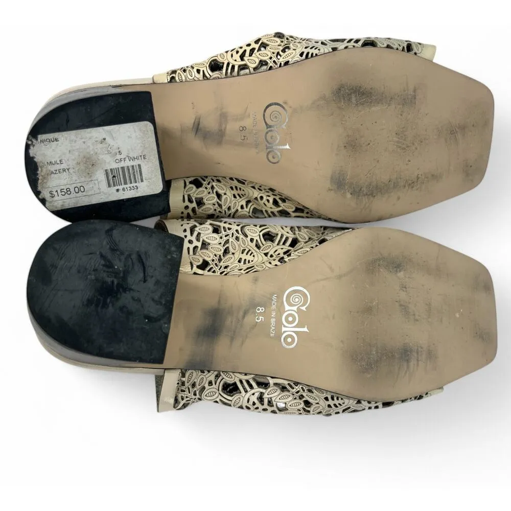 GOLO | 8.5 | Lazery Mule Block Heels Sandal in off white Lazercut Leather Lace - Image 5