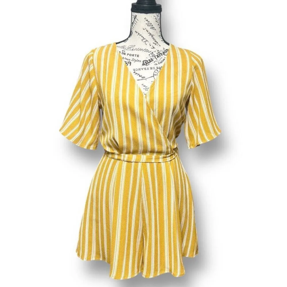 Altar’d State S Yellow White Striped Romper Tie Waist Open Back Boho Summer Chi - Image 3