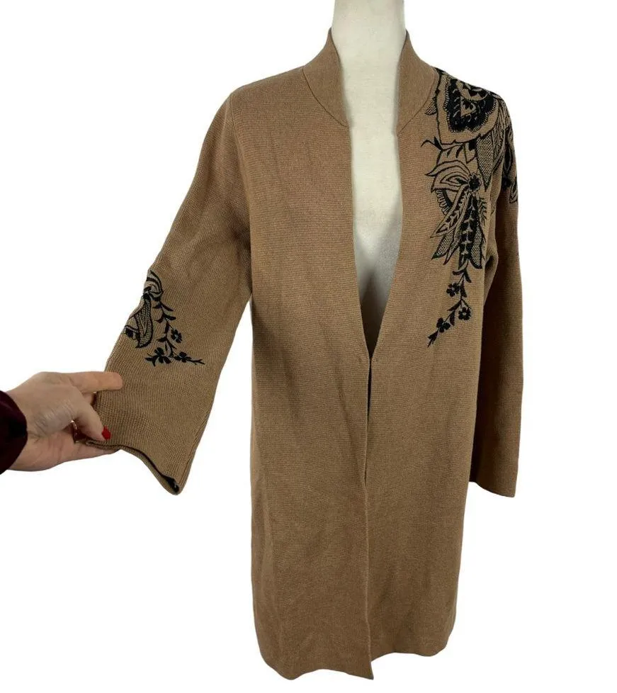 Chico's Floral Embroidered Sweater Long Duster Cardigan Jacket Tan Size Large - Image 5