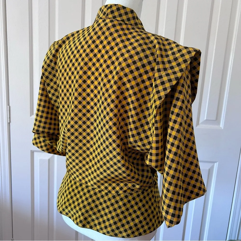 Vtg 1980s David Warren Mustard Yellow & Black Flare Sleeve Peplum Blouse Top 10 Gold - Image 4