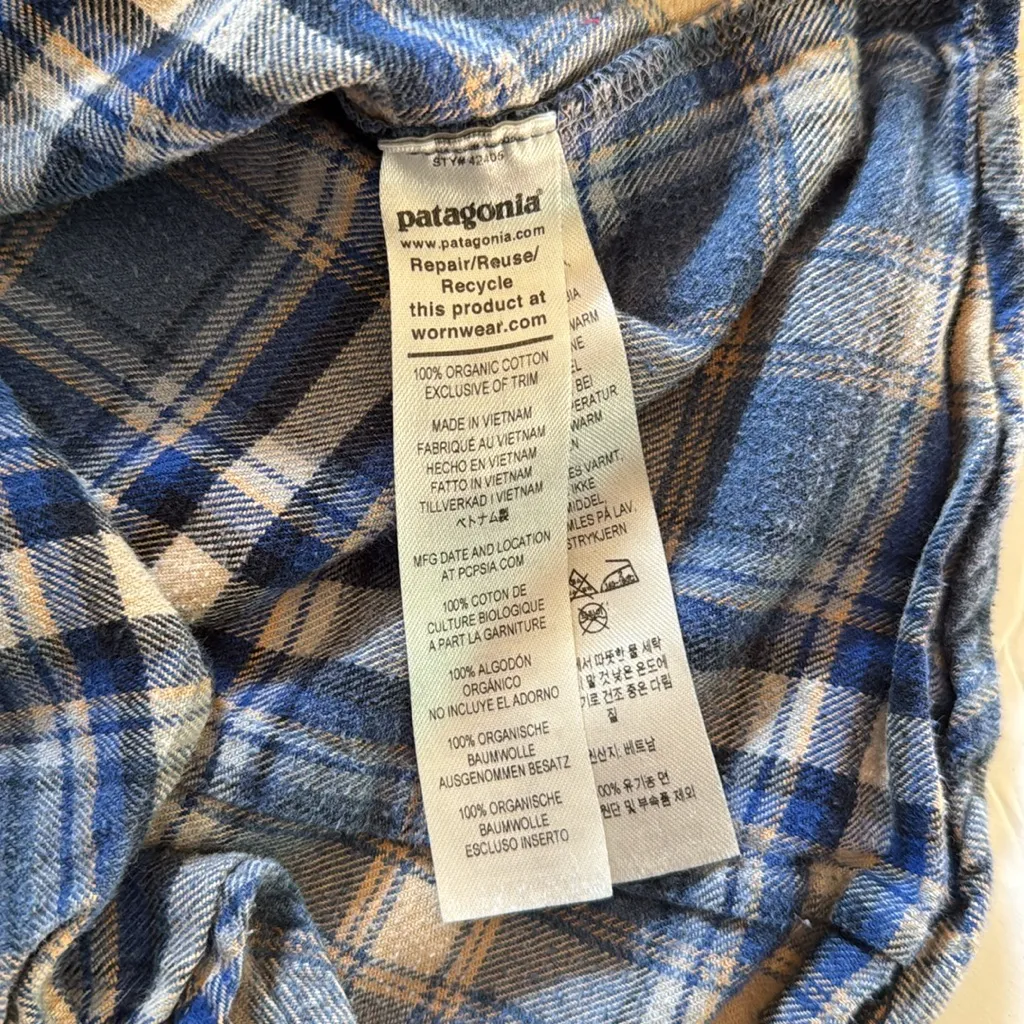 PATAGONIA ORGANIC COTTON MIDWEIGHT FJORD FLANNEL SHIRT Blue Tan  woman’s small S - Image 7