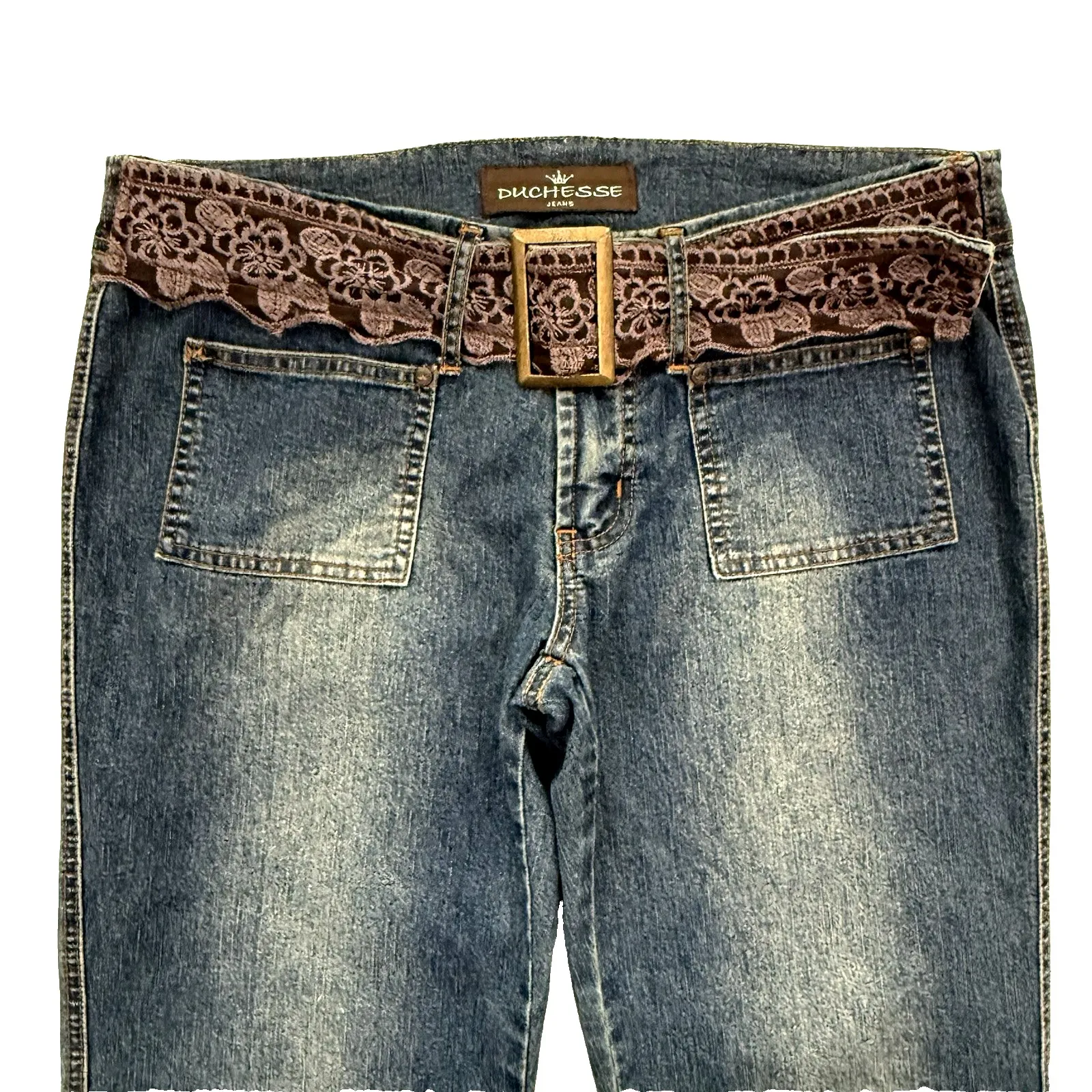 Vtg Y2K Low Rise Flare Jeans Lace Belt Women 10 M x 33" Boho Hippie Fairy Grunge Blue - Image 2