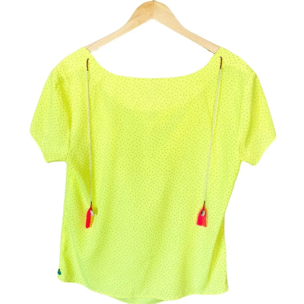MAISON SCOTCH Short Sleeves Blouse Cowl Neck Top Neon Yellow Y2K 2 Medium EUC - Image 2