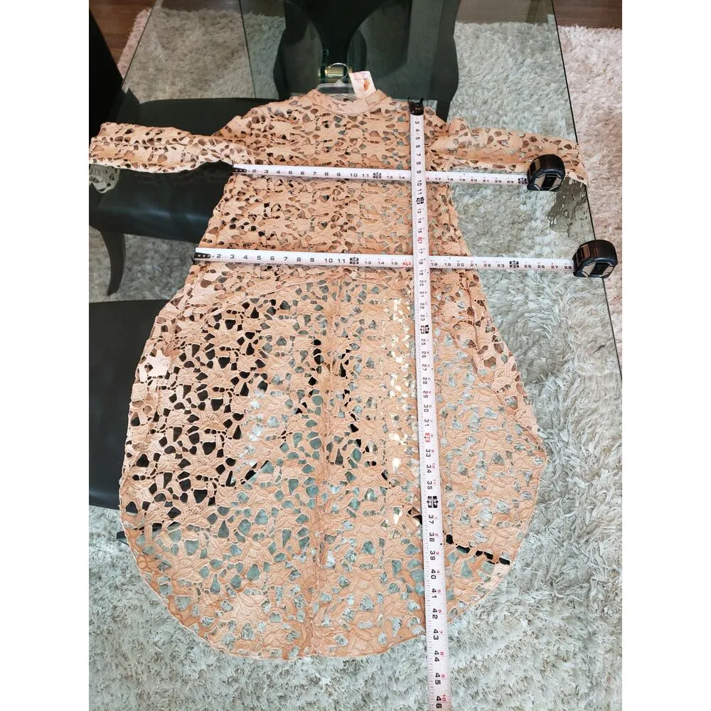 Prettygarden Crochet Lace Dress Women Small Beige Sheer Long Sleeve Boho Chic - Image 12