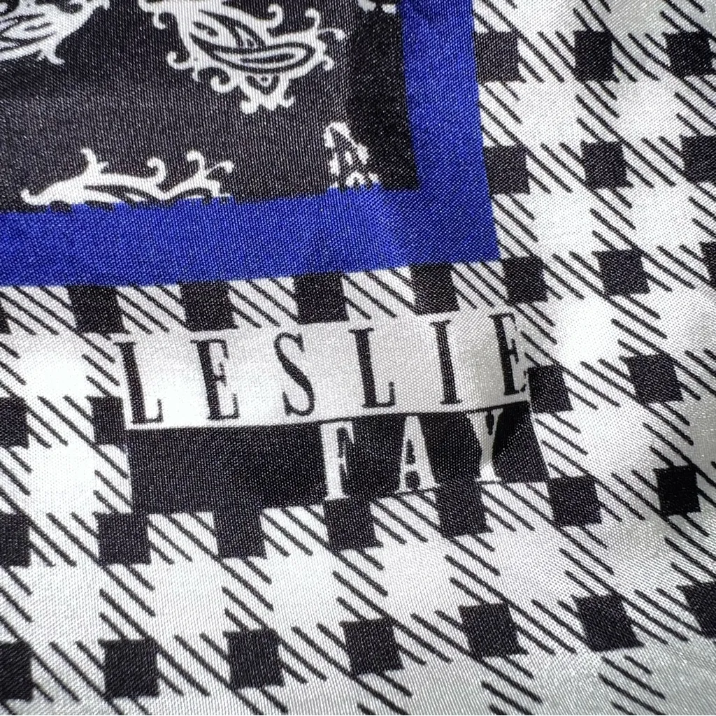 Leslie Fay 100% Silk Scarf Black, White w/Blue & CheckerBoarders Paisley Center - Image 4
