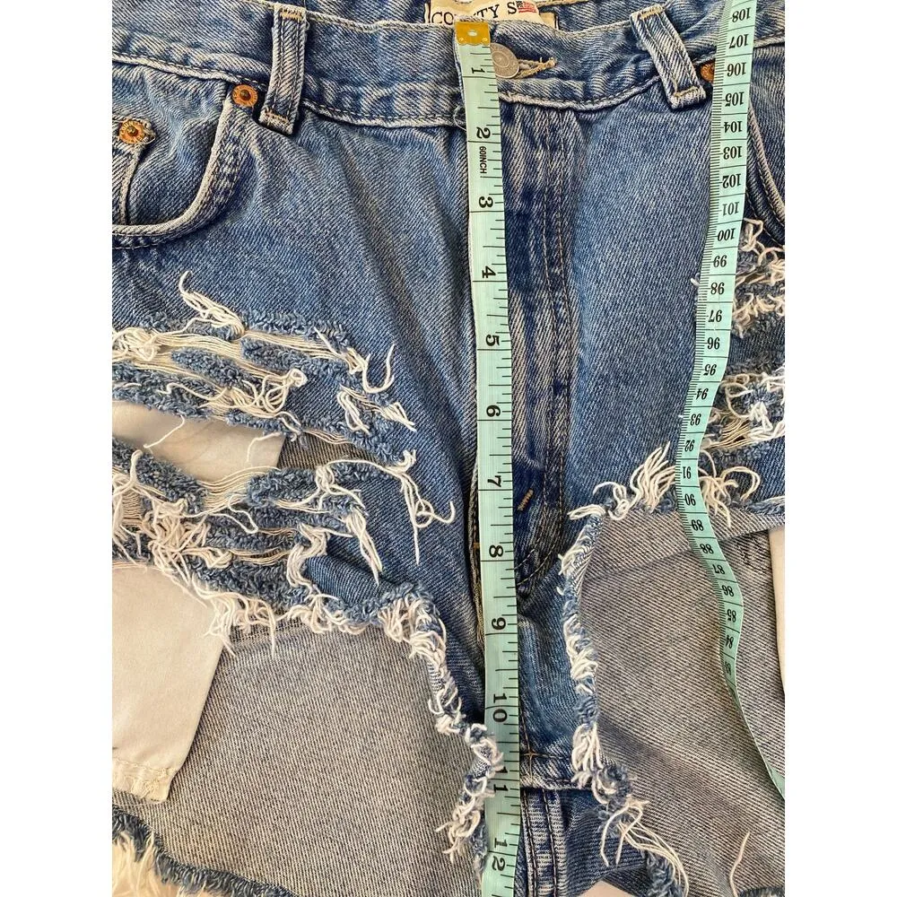 County Seat Vintage 90s Y2K Destroyed Cut Out Raw Hem Denim Jeans Shorts Sz 30 Blue - Image 12