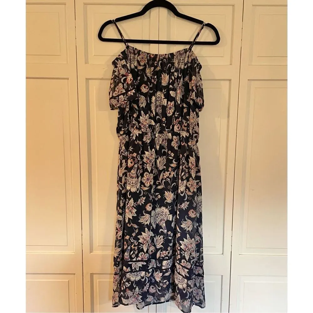 Lucky Brand navy floral ruffled off shoulder dress size m - Image 8