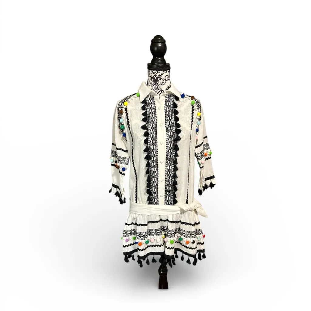 DODO BAR OR Delilah White and Black Embroidered Romper with Colorful Pom Pom - Image 2