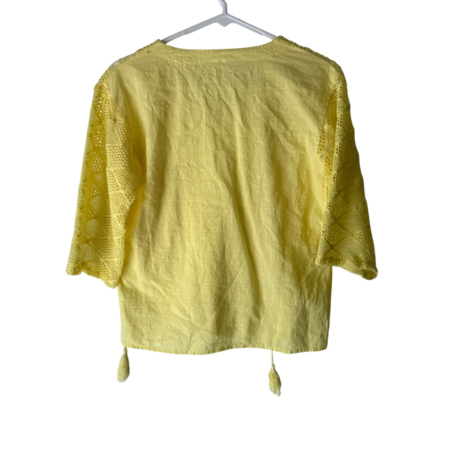 Womens Yellow Crochet Lace Trim Tassel V Neck 100 Cotton Blouse L Festival Beach Size L - Image 6