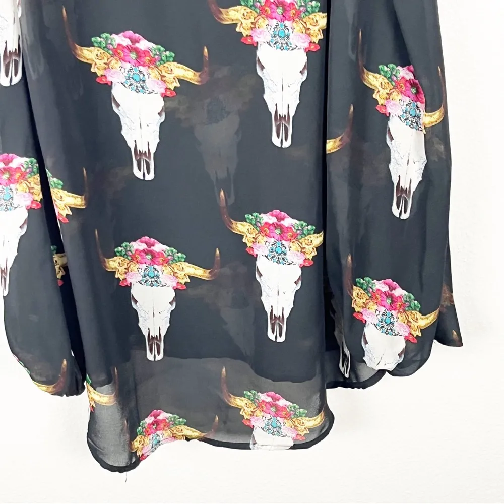 SHOW ME YOUR MUMU Black Sheer Shoulder Mummy Graphic Peek A Boo Top, Size Small - Image 5