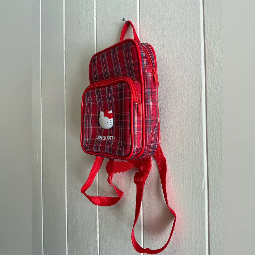 Rare Modern Vintage Sanrio Late 2000’s Hello Kitty Plaid Lightweight Backpack Blue - Image 2