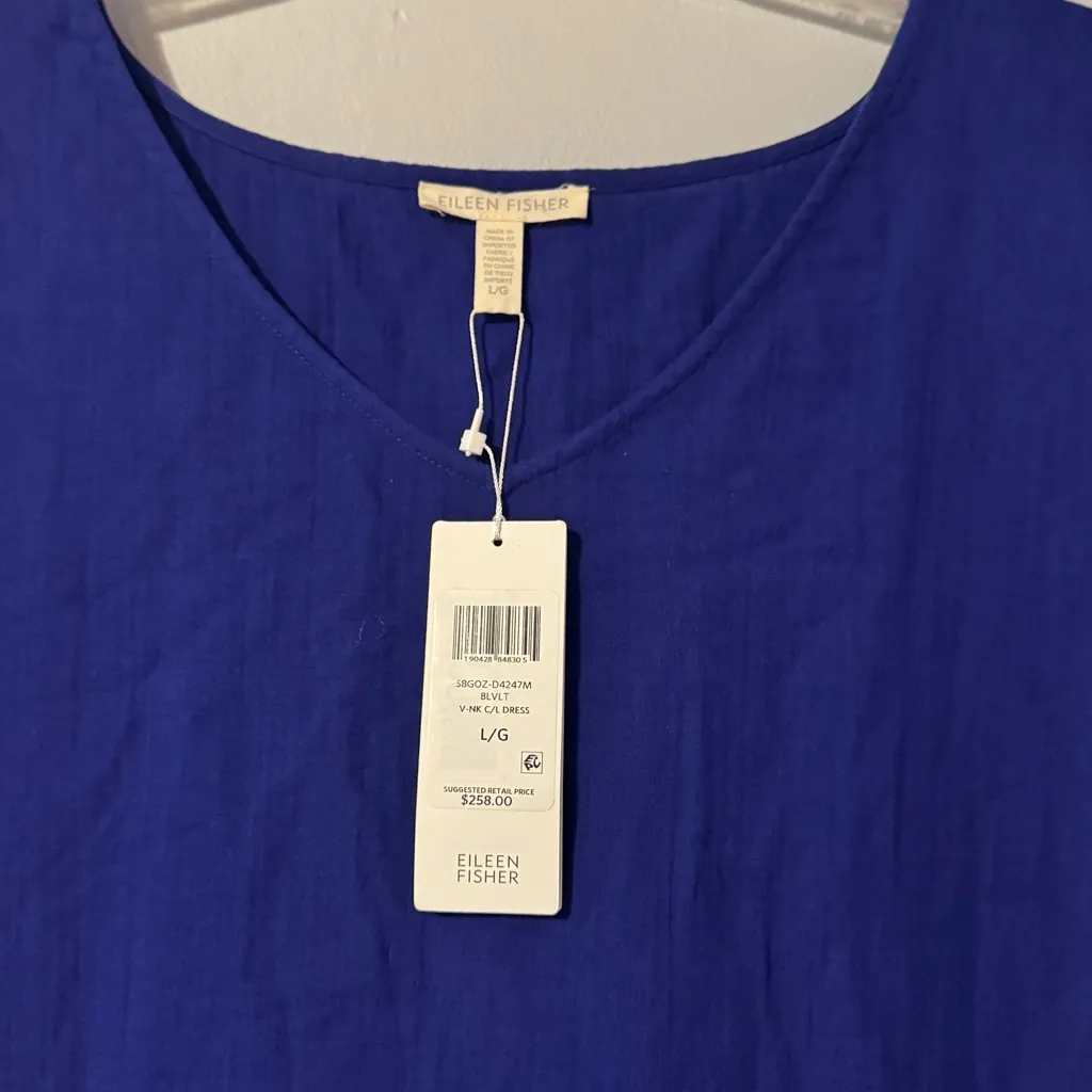 Eileen Fisher NWT Royal Blue V-Neck Organic Cotton Dress - Image 3
