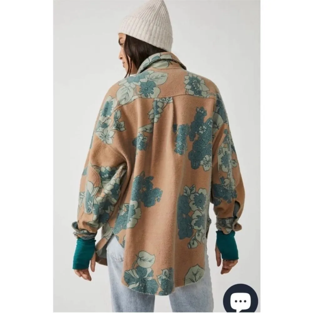 Free People Ruby Jacket Tan Blue Shacket Distressed Mazipan Button Down Floral - Image 3