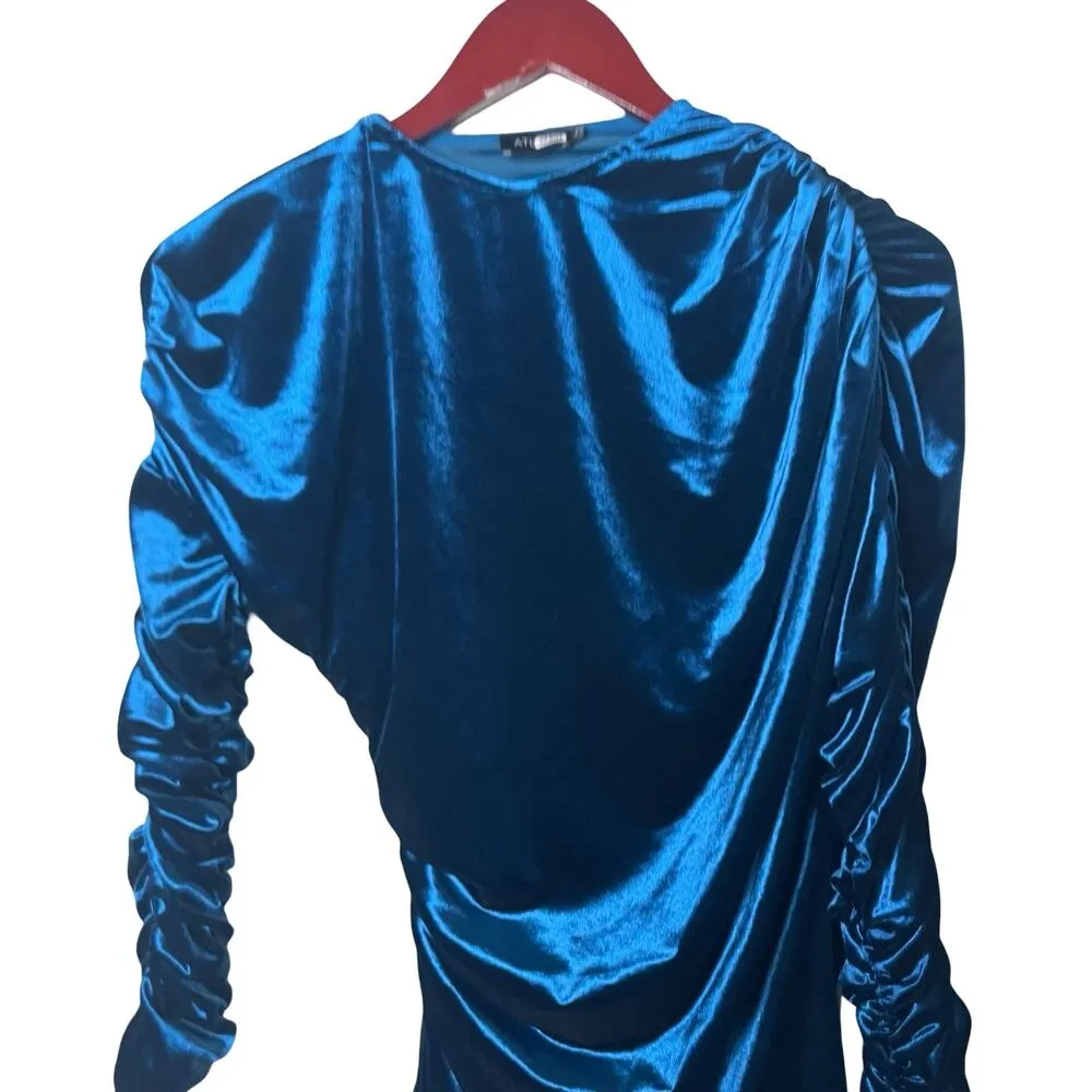 Atlein Blue Velvet Ruched Long Sleeve Mini Dress sz 42 XL - Image 7