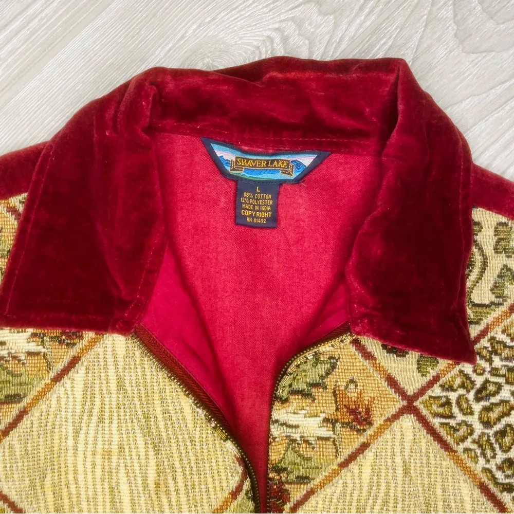 Vintage shaver lake sleeveless zip front vest shirt top patchwork print large Brown - Image 2