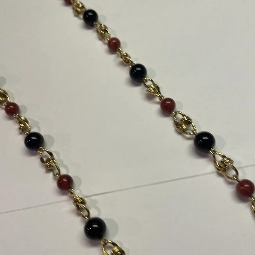 Signed Monet Long Beaded Costume Gold Tone Necklace Red / Black Bead - Image 5