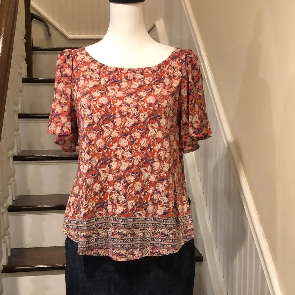 LUCKY BRAND Flutter Sleeve Rust, Navy, Ivory Floral Shirt With Floral Hem Sz SM - Image 13