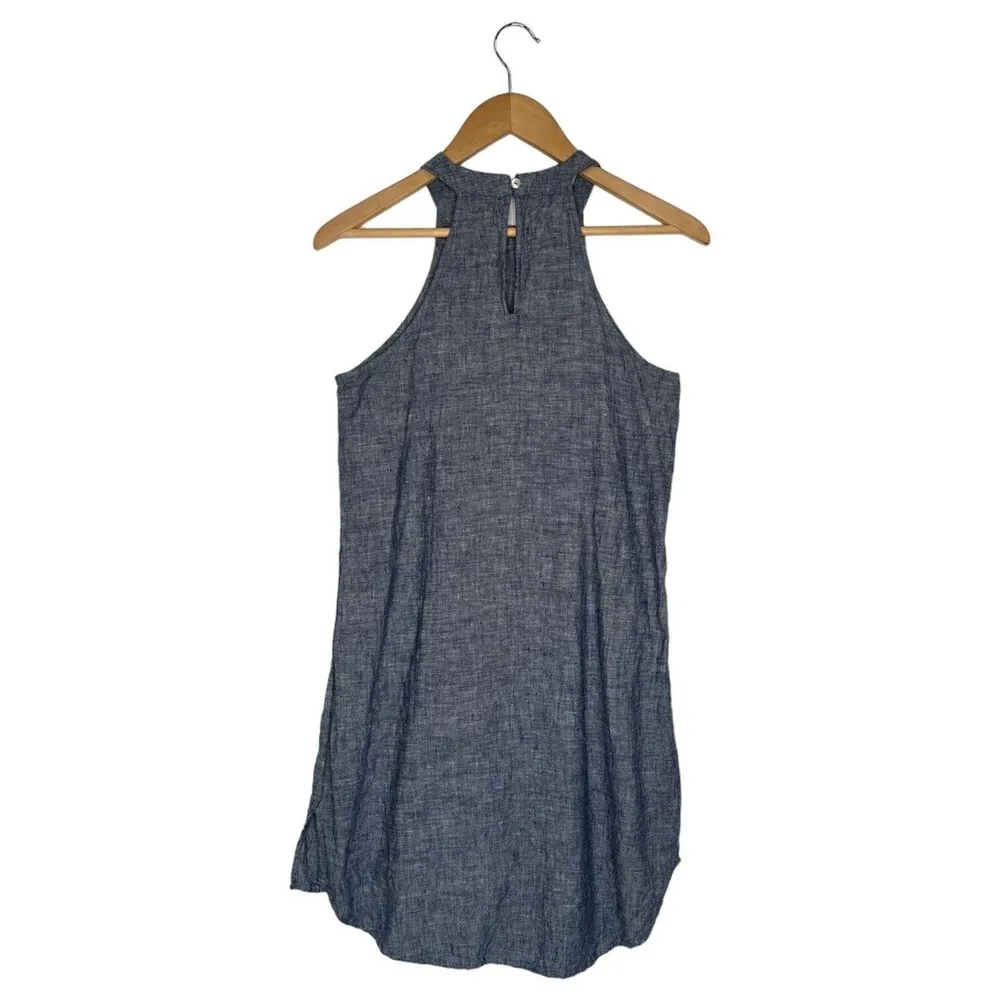 Tahari Dress Womens XS Linen Halter Sleeveless A Line Chambray Beachy Tank Blue - Image 9