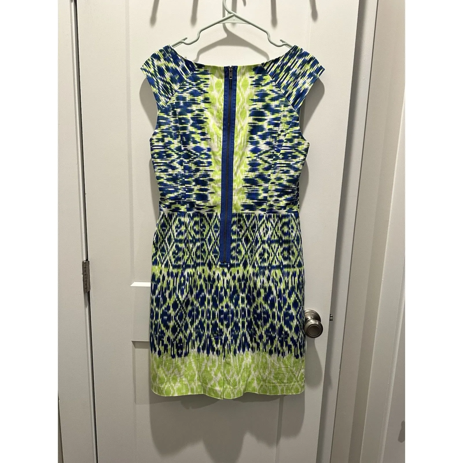 Adrianna Papell Dress Womens 10 Blue Green Ikat Sleeveless Shift Mermaid Ocean - Image 6