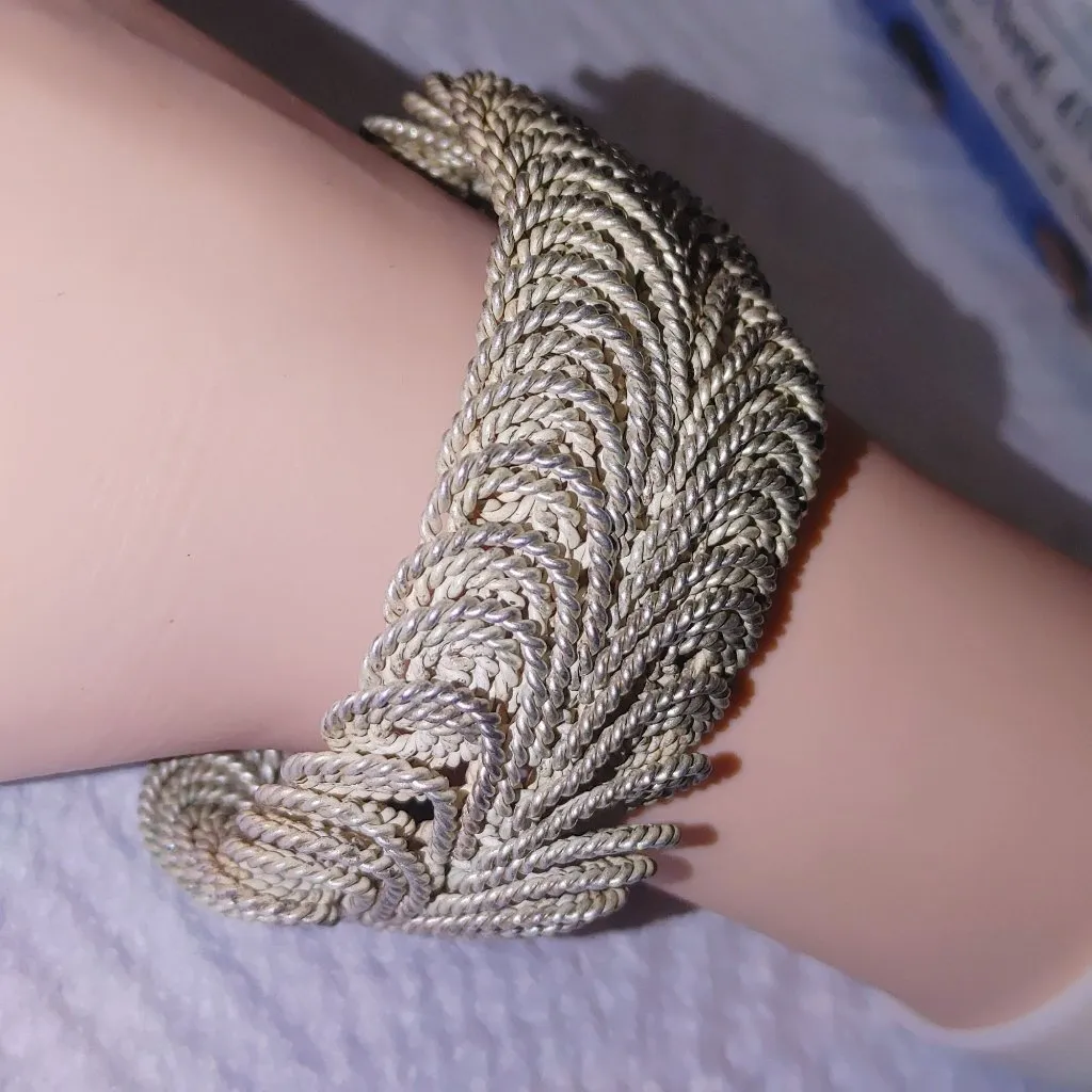 Artisan Articulated Wire Bracelet Woven Snake Wide Silver Tone Coiled Rope MCM - Image 4