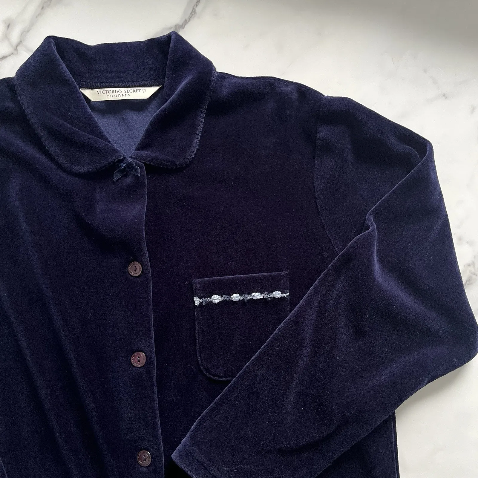 Vtg Victoria’s Secret Velvet Pajama Top Blue Velour Button Up Size S Cozy Cabin - Image 8