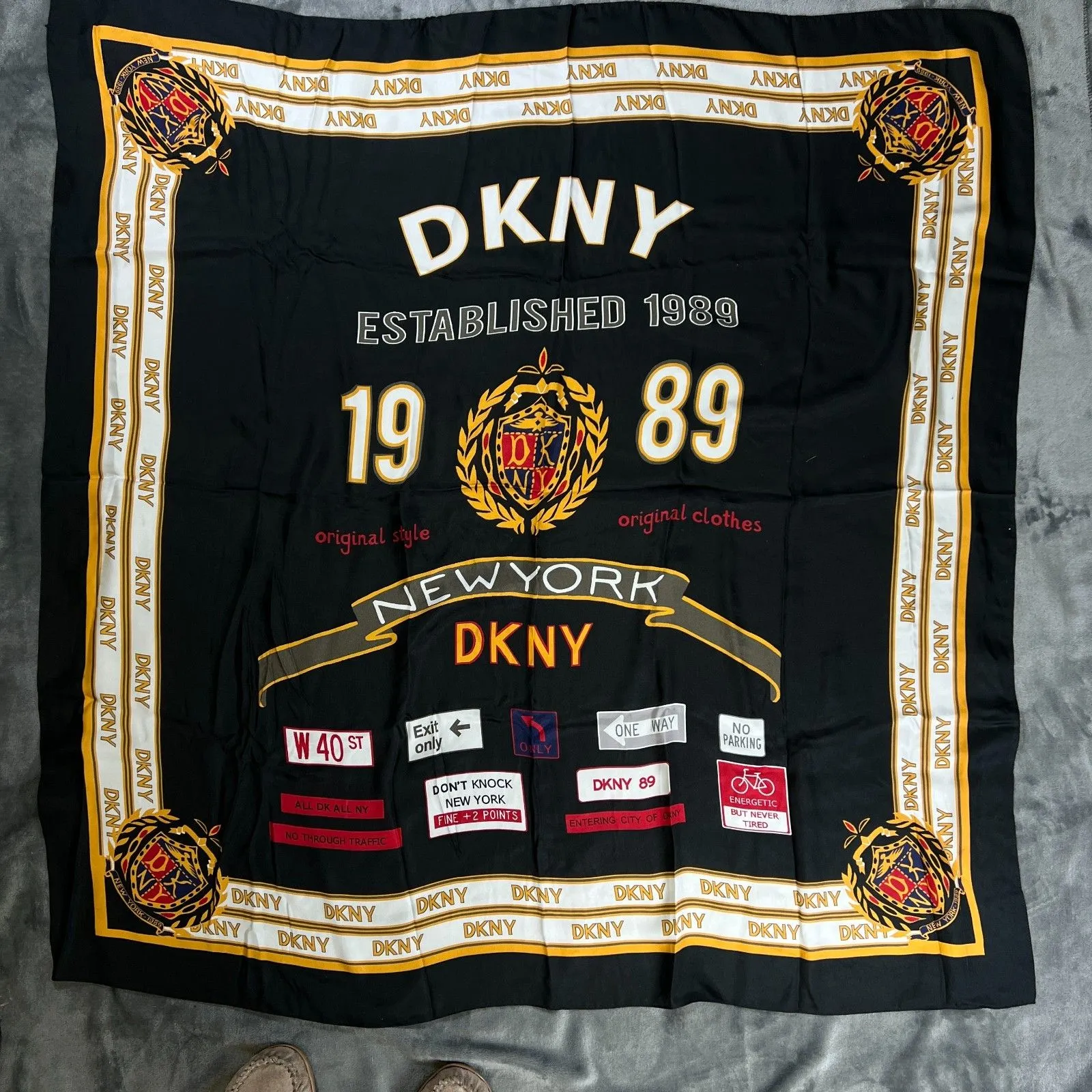 Donna Karan DKNY New York street signs 100% Silk Scarf 40" sq black gold - Image 2