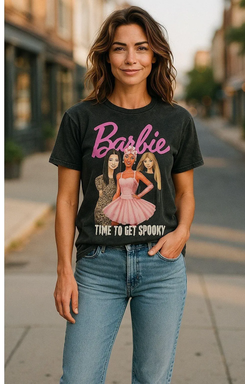 Barbie Black Halloween Graphic Tee “Time to Get Spooky” Size Medium - Image 9